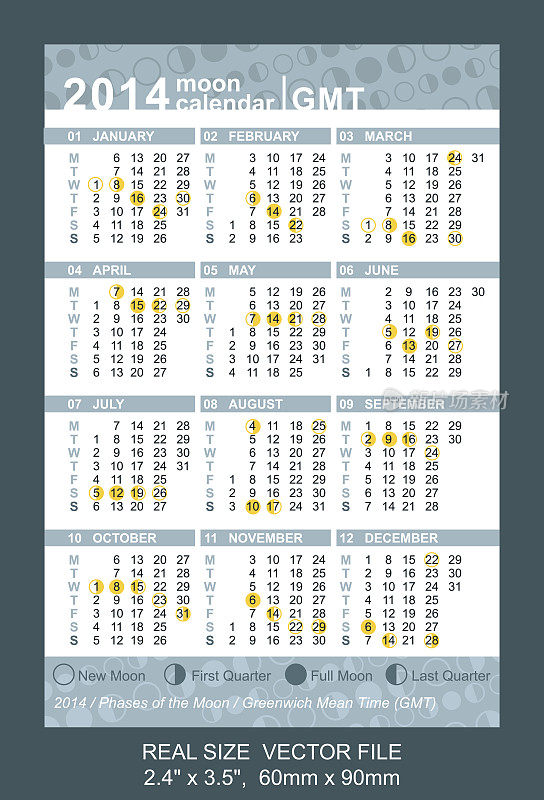 口袋日历2014与月相/ GMT